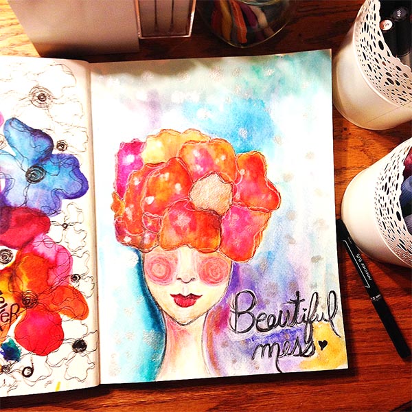 She is a Beautiful Mess WAtercolor painting in the art journal