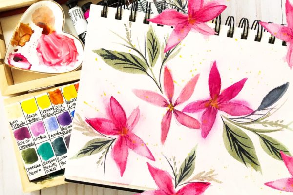 Painting poinsettias in a bee paper watercolor sketchbook