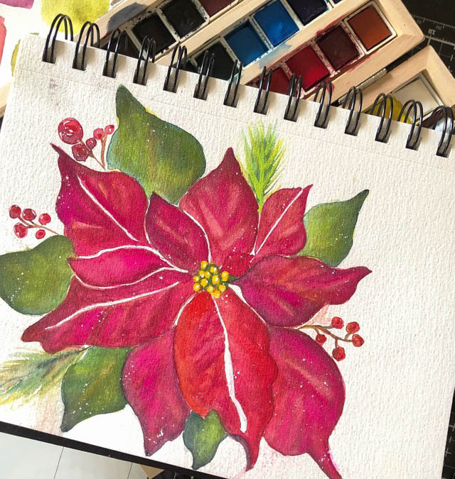 Watercolor painting of a poinsettia