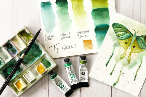 Image of luna moth and green daniel smith watercolors
