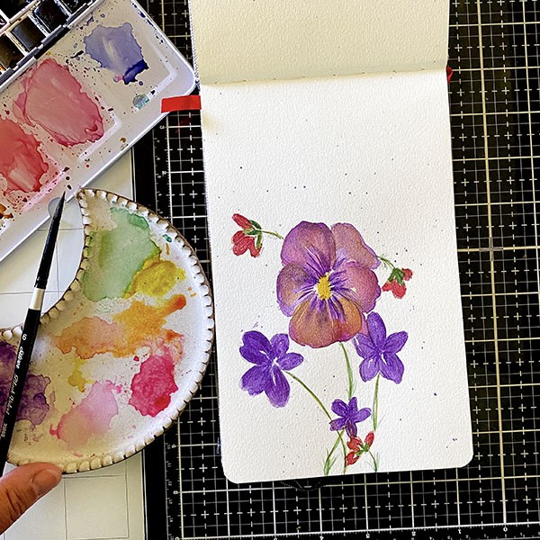 sketchbook pansies in watercolor