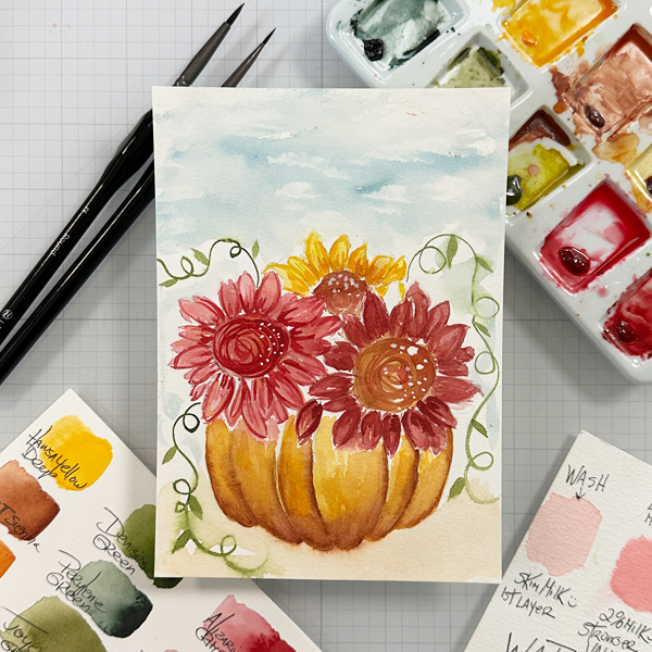watercolor floral painting with pumpkin